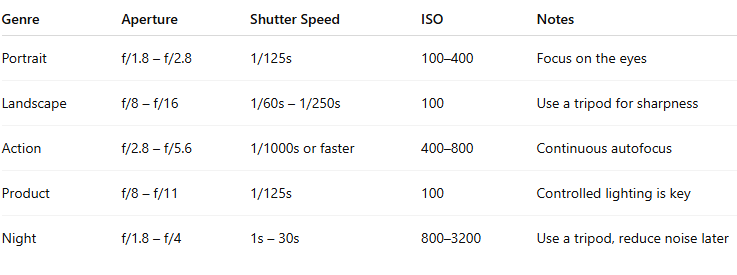 Ideal Settings for Specific Photography Styles