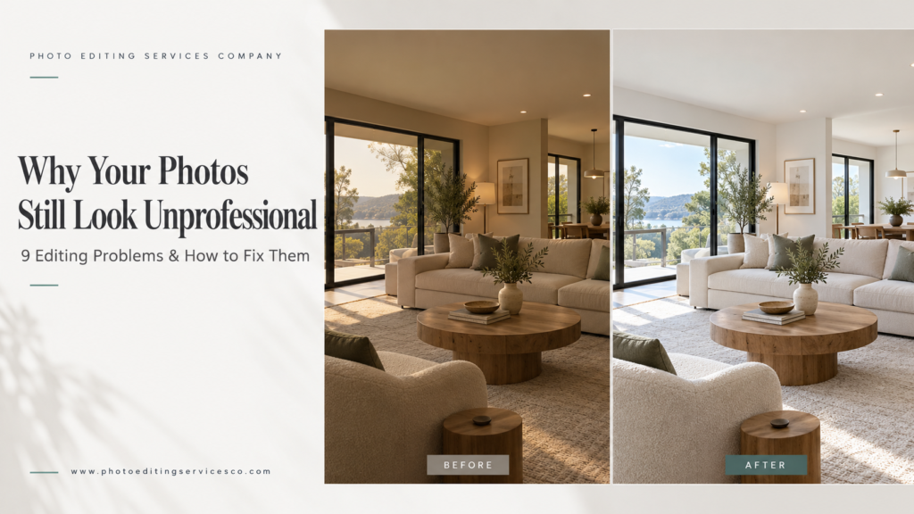 Illustrative comparison of a living room before and after exposure and color correction.